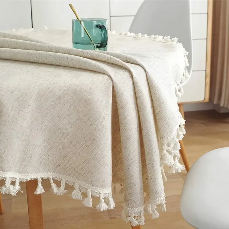 Solid Color Round Tablecloth Cotton Linen Fabric Tassel Dust-Proof Table Cover for Kitchen Dinning Farmhouse Tabletop Decoration - Image 3