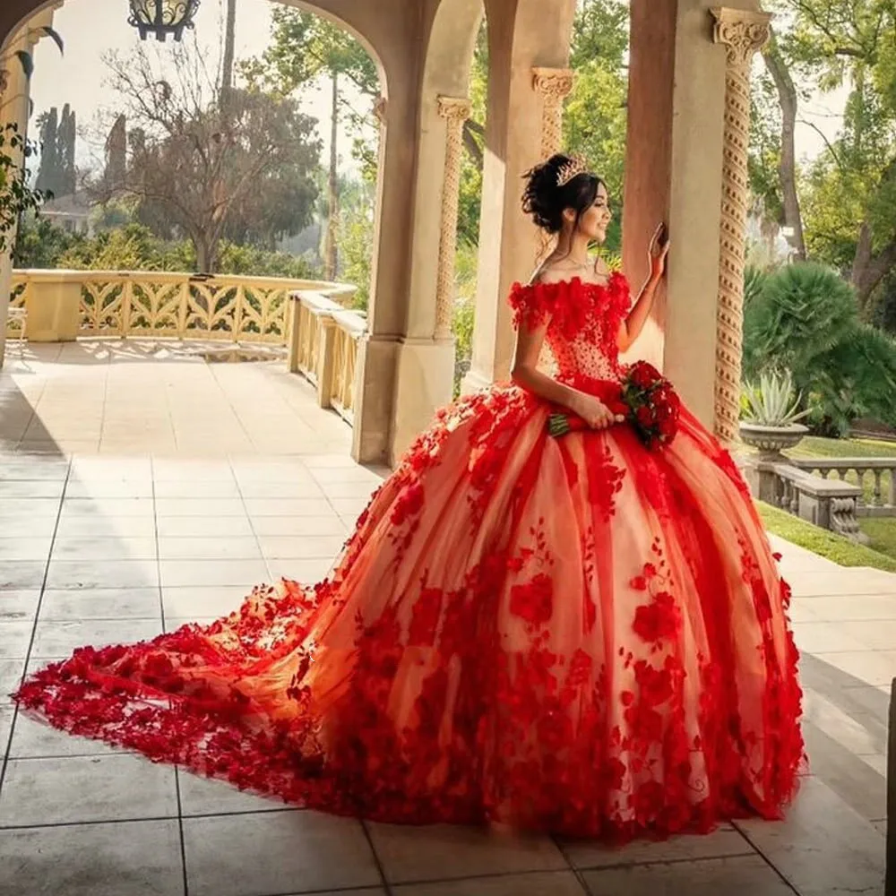 

Red Beading Crystal Quinceanera Dresses Ball Gown Sequined Appliques Corset Sweet 15 Vestidos De Sweet 16 Gown