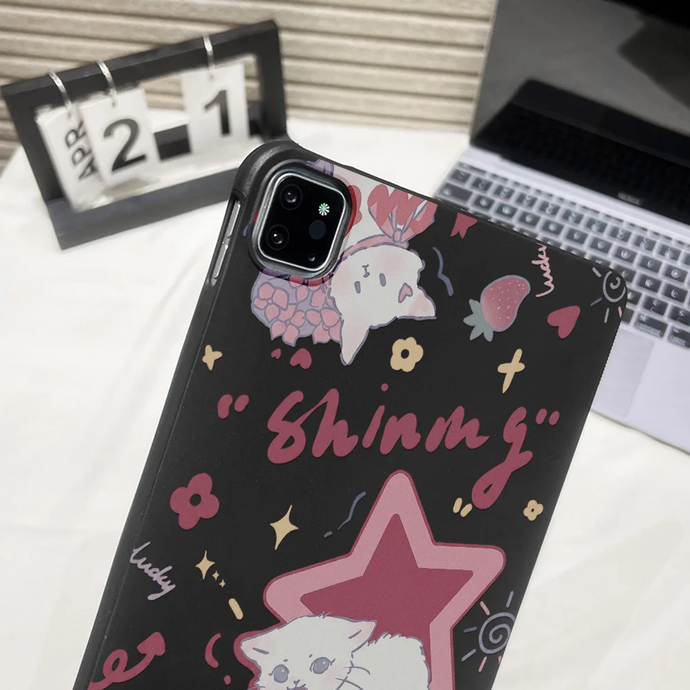 Matte Painted Rectangular Shell with Sweet Strawberry Cat Design