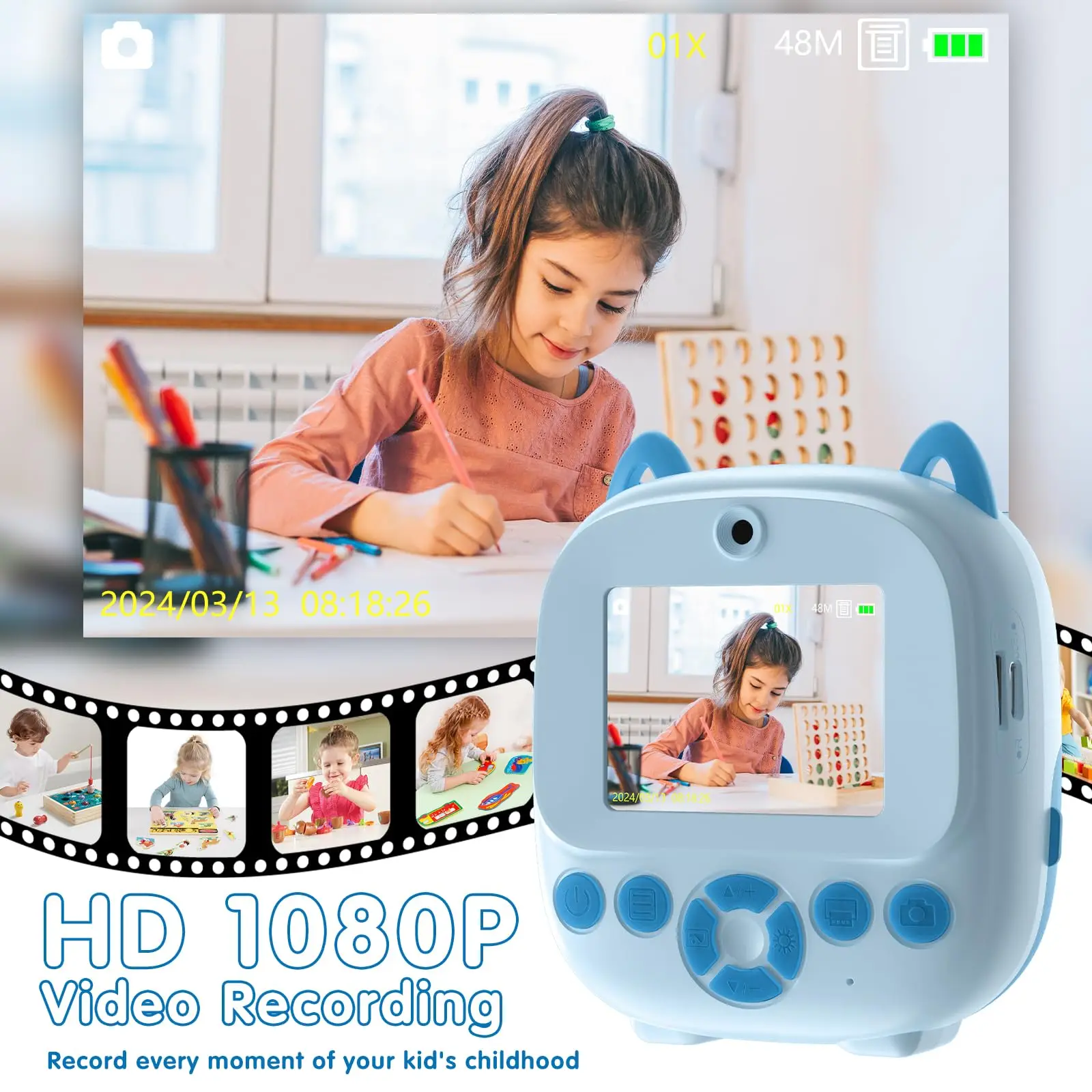 열전사 프린터가 장착된 즉석 인화 카메라, 롤 인화지가 포함된 디지털 셀카 카메라, 5가지 흑백 색상