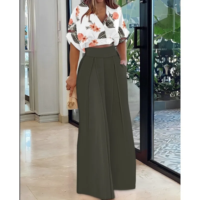 

Women Short Sleeve V-neck Short Top High Waist Pocket Wide Leg Pants Trousers Suit Spring Summer Loose Printed Two-Piece Suit