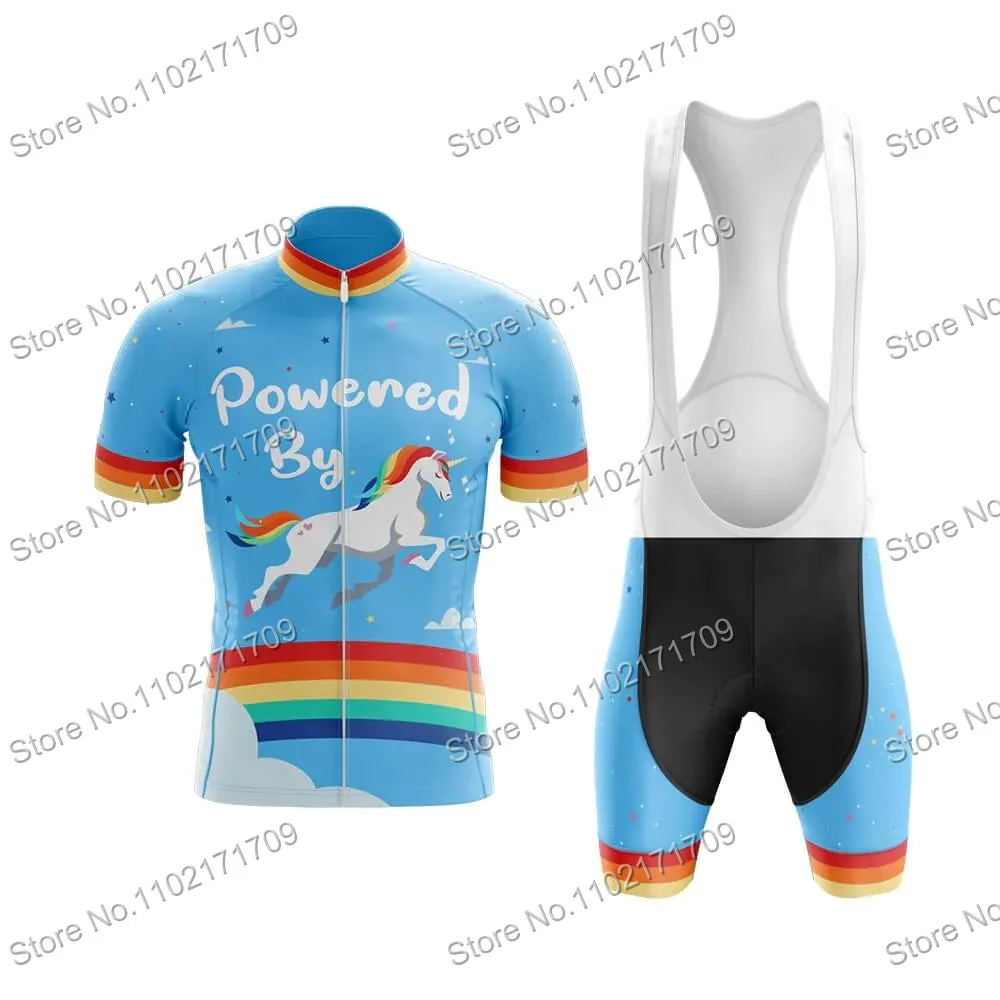 Power By Unicorn Cycling Jersey Set Short Sleeve Unicorn Bicycle Clothing Blue Summer Bib Shorts Kits MTB Maillot Ropa