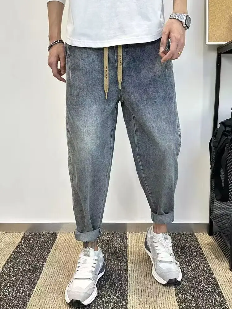 Korean Luxury Clothing Loose Drawstring Denim Harem Pants for Men Vintage Washed Elastic Waistband Jeans Baagy Cargo Pants Men
