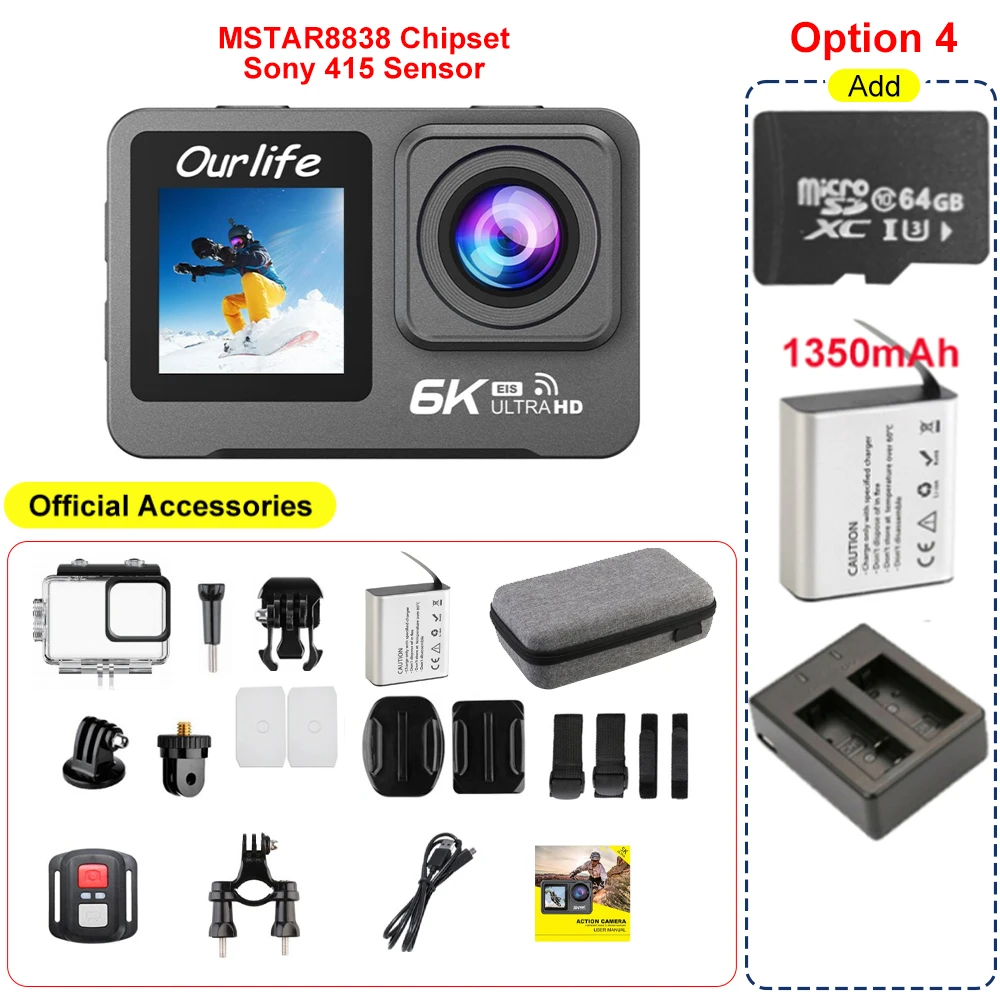 thumbnail image 1 of Cámara de acción 6K 5K60FPS 4K60FPS 50MP 2,0 "Touch LCD EIS pantalla Dual WiFi 170D impermeable 30M 5X Zoom cámara deportiva con control remoto, 1 of 4