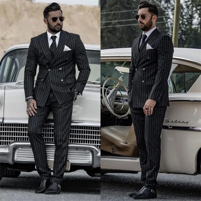 

Fashion Stripe Men Suits Set Wedding Groom Tuxedos Blazer+Pants Double Breasted Jacket Tailor-Made Formal Office Coat Outfit