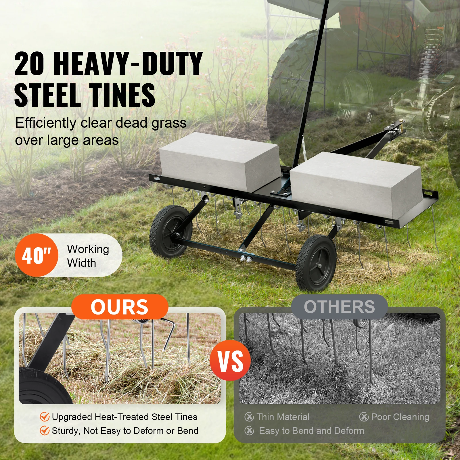 Farming Rake SucceBuy Tow Behind Dethatcher 40in Tow Dethatcher 20 Spring Steel Tines Lawn Rake ATV/Mower Behind Lawn