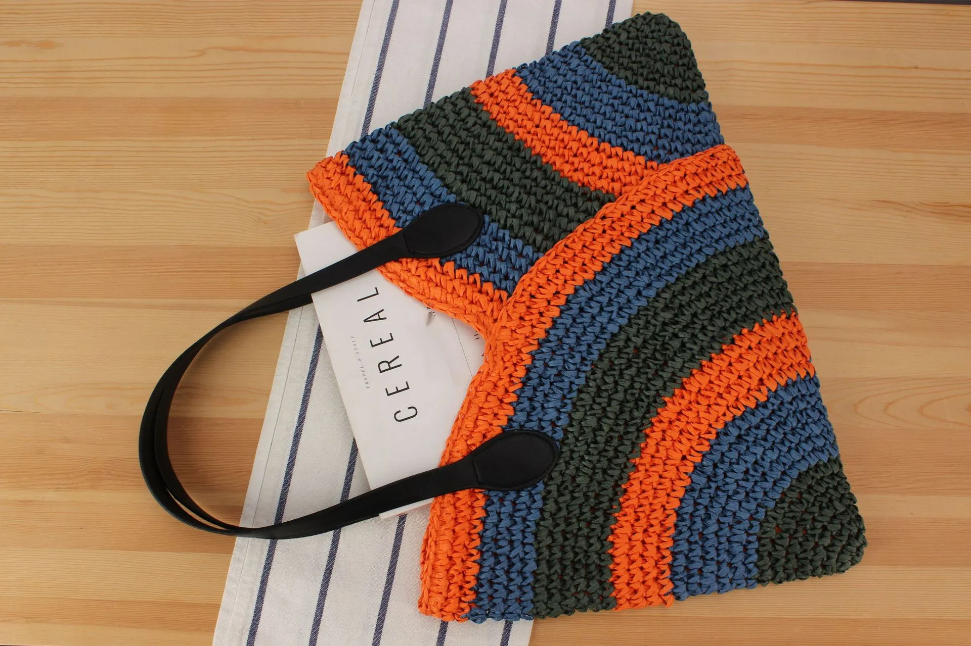 Borsa tote, borsa da spiaggia estiva con patchwork colorato, borsa tessuta a mano, borsa da donna alla moda, semplice e versatile._voghion.com