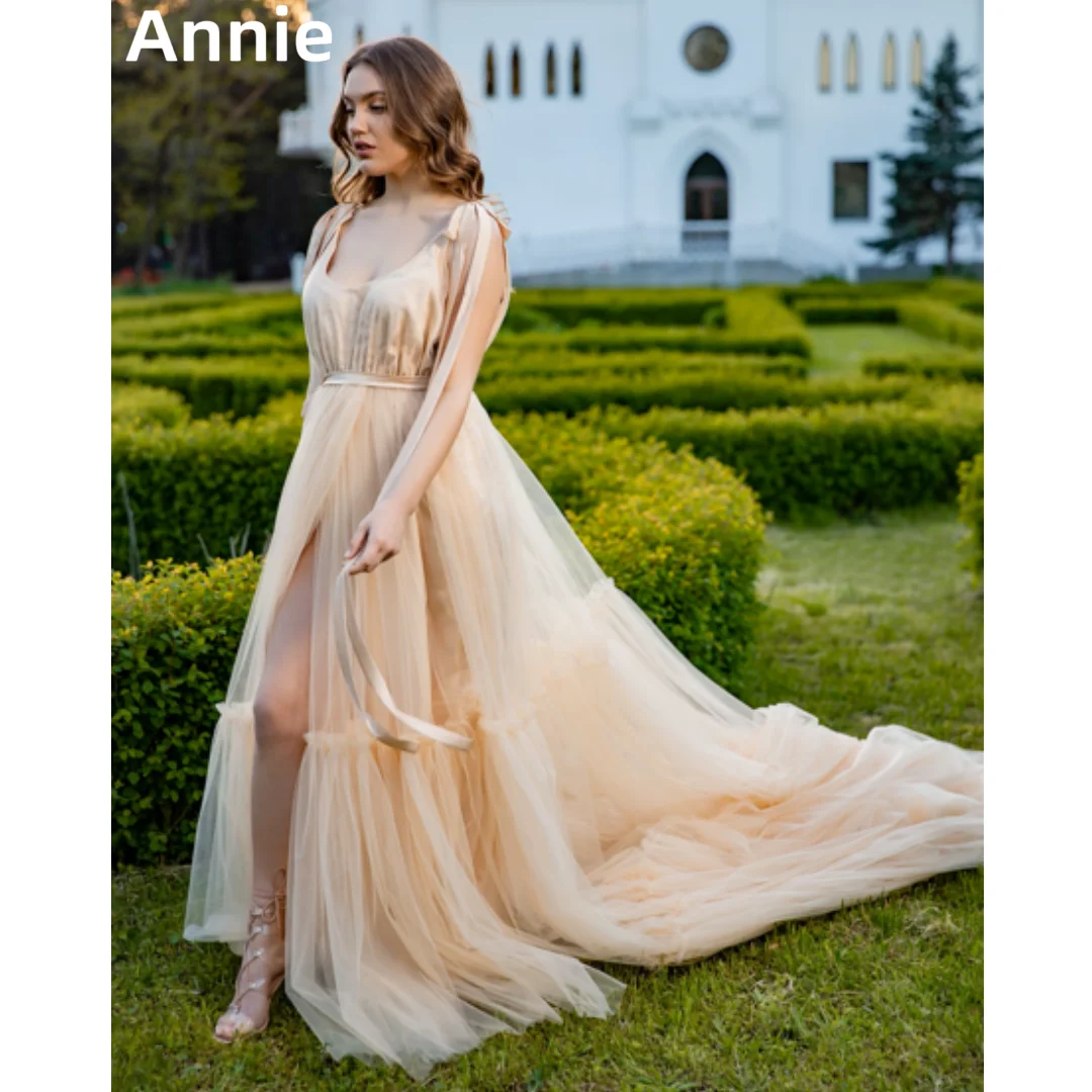 

Annie Spaghetti Straps Princess Prom Dresses Tulle Long Train Evening Dresses Vestidos De Fiesta Formal Occasions Party Dresses