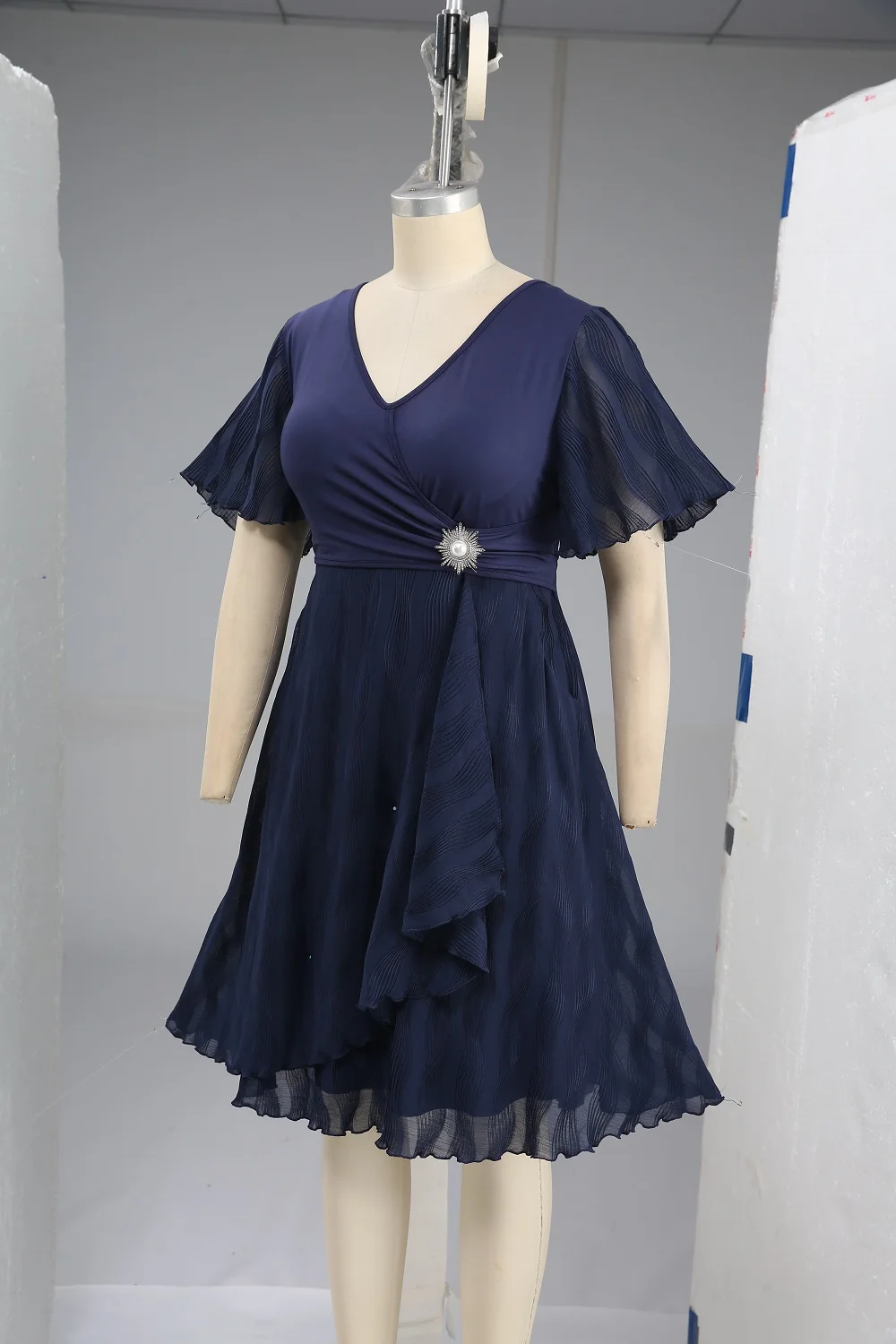 Plus Size Midi Dress | Deep Blue Surplice Ruffles Trim Pearl Pin Dresses For Curvy Women
