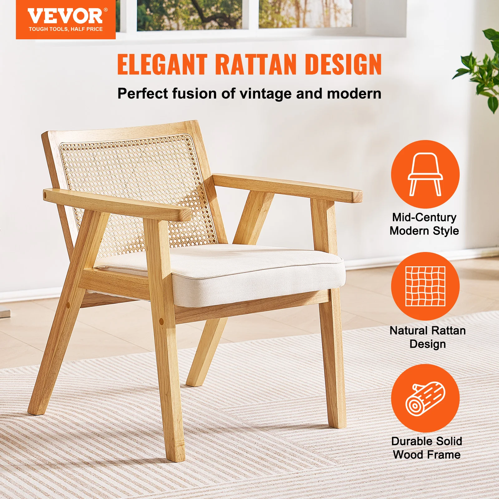 VEVOR Rattan Dining Chairs Mid Century Modern Dining Chair Upholstered Velvet Accent Rattan Chair for Living Room Bedroom Office