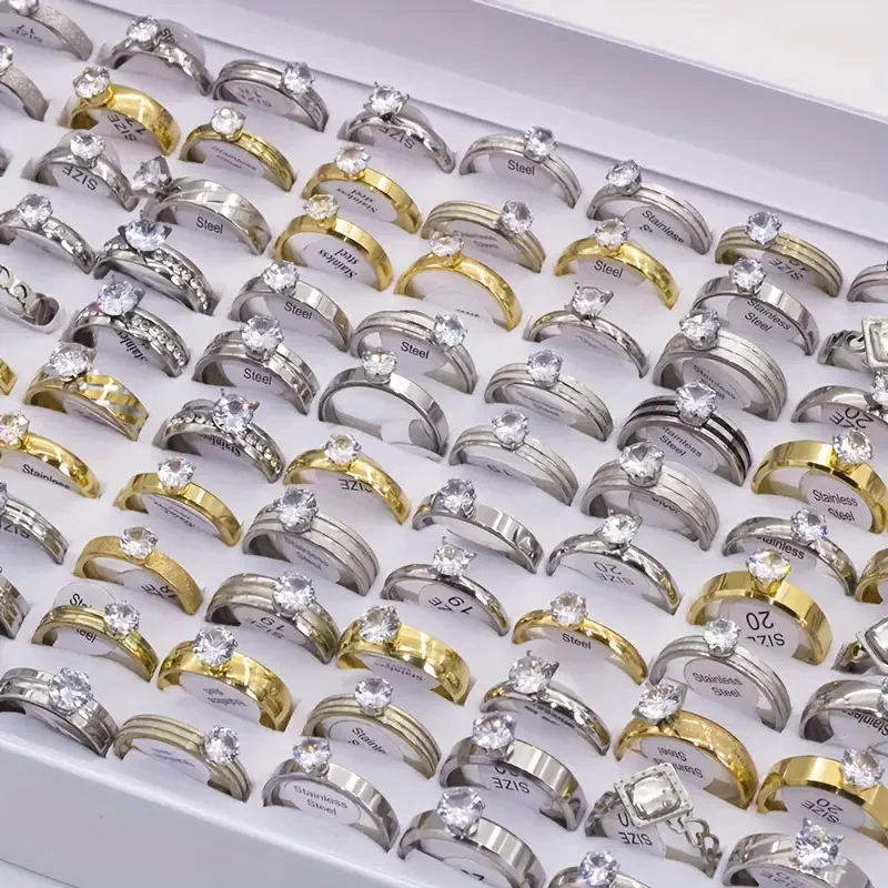 Fashion Stainless Steel Zircon Rings 10Pcs/Lot for Women Simple Style Mix Gold Silver Color Wedding Engagement Jewelry