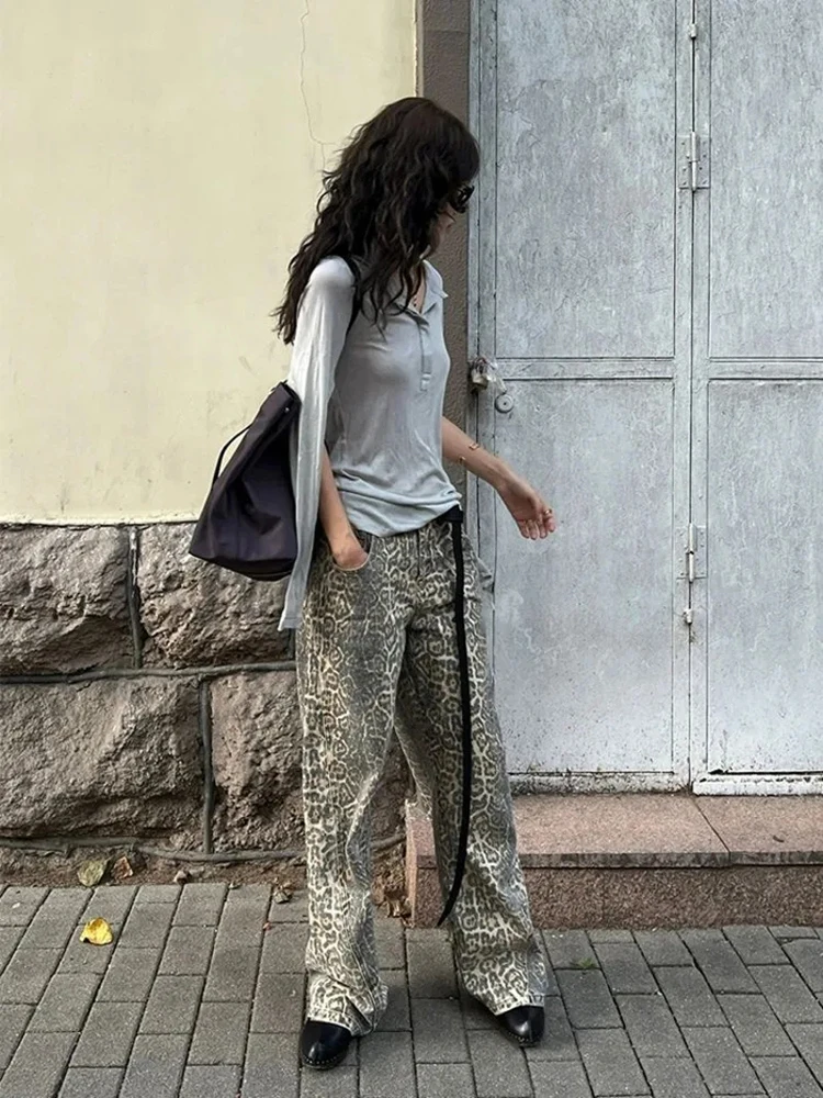 Y2K American Leopard Washed Jeans Female Street Retro Hot Girl Loose Pants Korean Style Casual High Waist Straight Jeans Women
