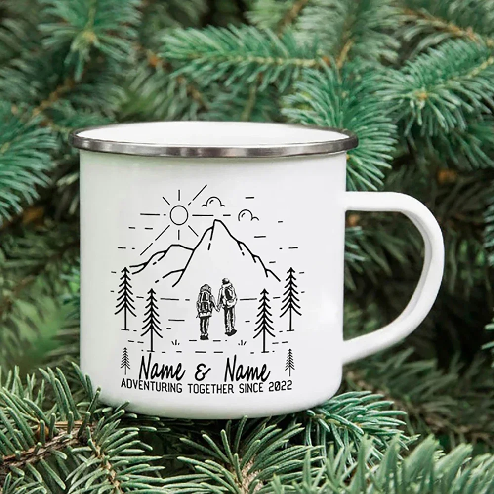 

Adventuring Together Since 2023 Custom Enamel Coffee Mugs Couple Travel Adventure Campfire Water Cup Adventurers Valentines Gift