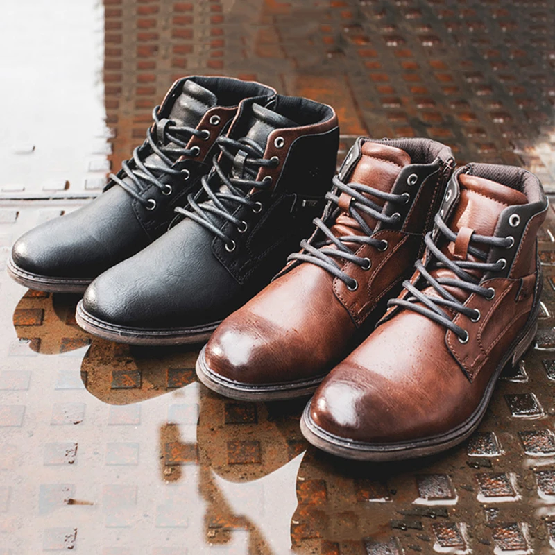 Fashion Retro Ankle Leather Men Boots High-Top Side Zipper Tooling Black Brown Boots Classic Outdoor Non-slip Autumn Shoes