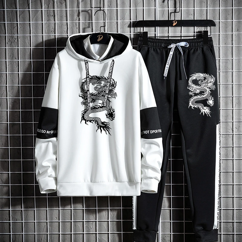 Men's Clothing Fashion Chinese Style Dragon Print Sports Wear Jogging Suits Hooded Tracksuit Set Hoodies+Sweatpants Sweat Suits
