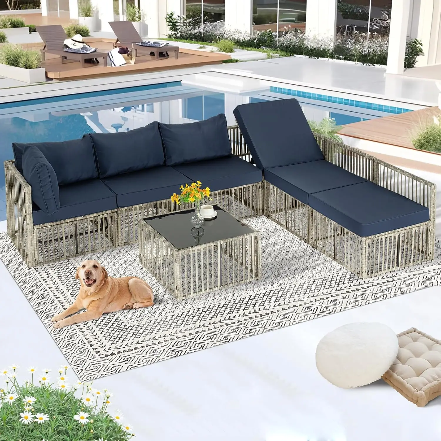 7 Pieces Outdoor Patio Furniture Set, Wicker Outdoor Sectional Conversation Couch Set , Beige Cushions & Coffee Table