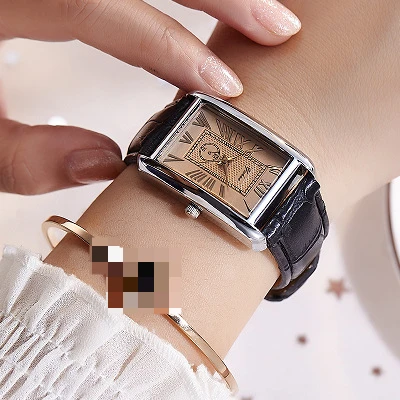 Luxury Rectangle Dial Quartz Watch with Leather Band