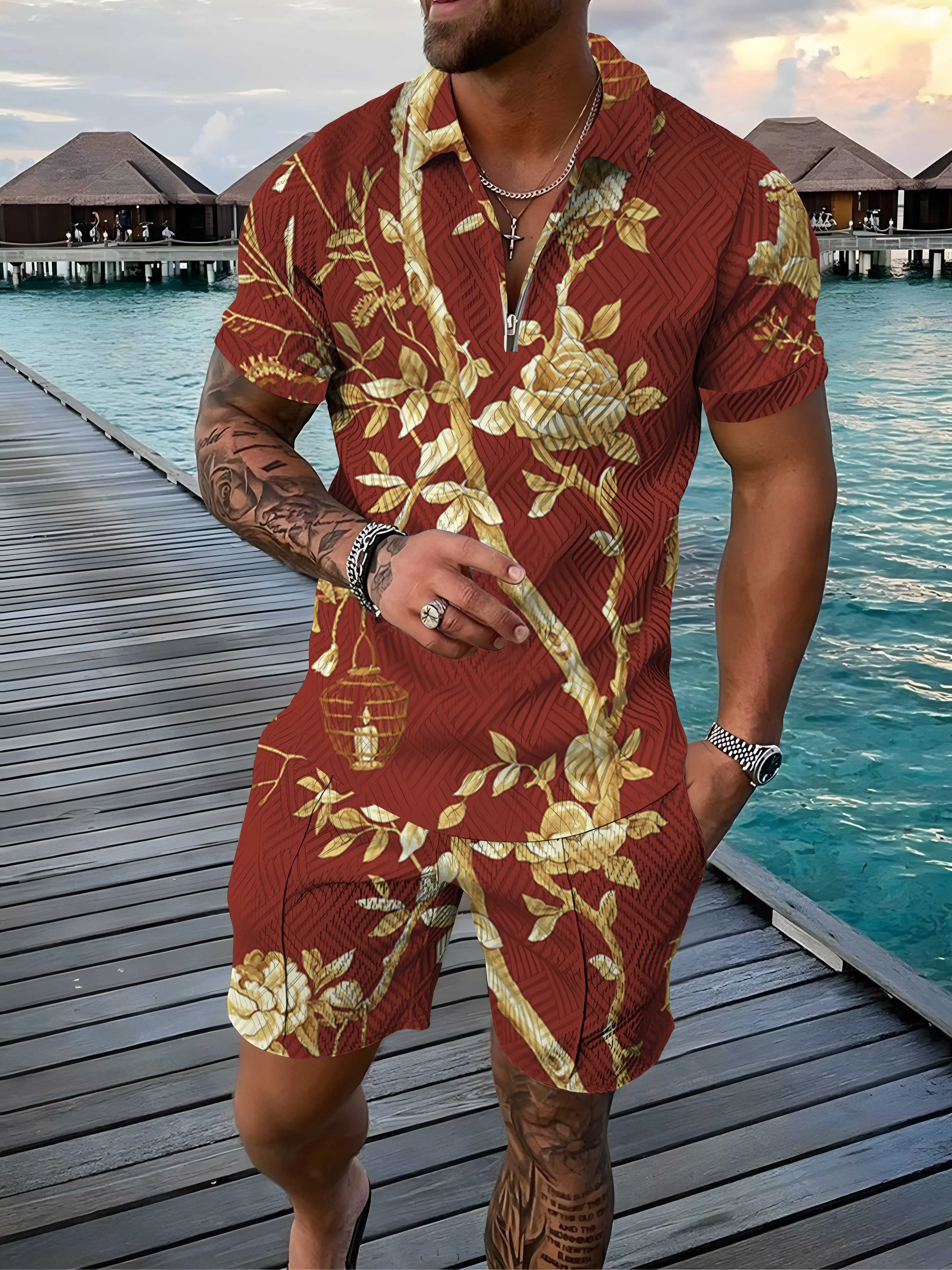 New Mens Comfortable Fashion Suit Chain 3D Digital Printing High Quality Zipper Short Sleeve Streetwear
