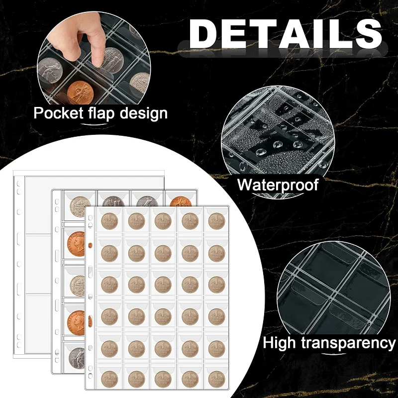 Coins Collection Album 10PCS 12/20/30/42 Pocket PVC Transparent Inside Pages Loose Leaf Organizer Bag