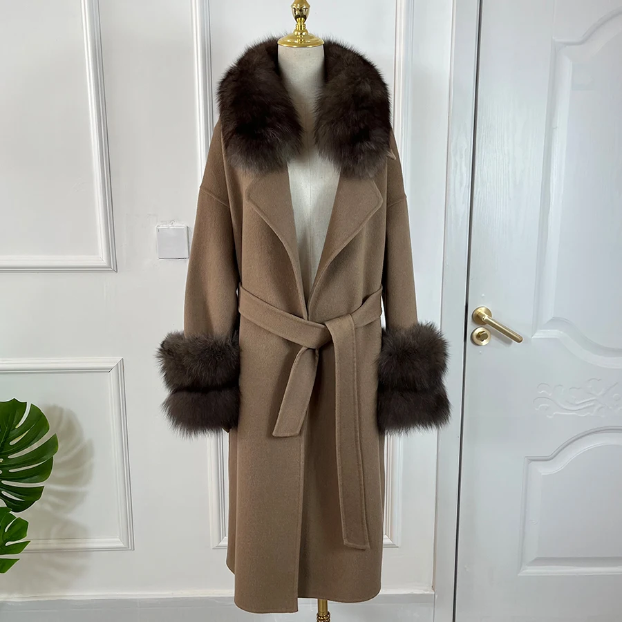 

2022 Real Fur Coat Women's Winter Coats Cashmere Wool Blends Long Outerwear Ladies Streetwear Natural Fox Fur Collar Cuffs