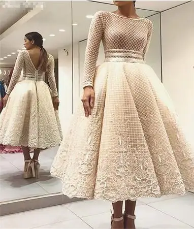 Elegant Bige Color Lace Evening Dresses Full Sleeves V-Back Tea-length Prom Gown A-line 2021 Illusion платье с блестками платье