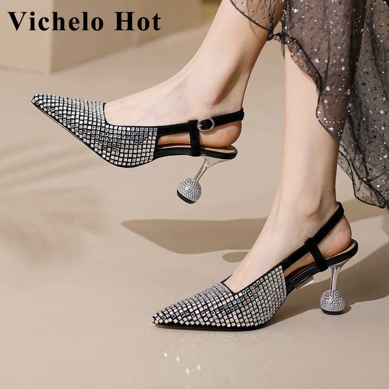 

Vichelo Hot Large Size Kid Suede Pointed Toe Strange High Heels Slingbacks Rhinestone Beauty Lady Evening Party Women Pumps L50