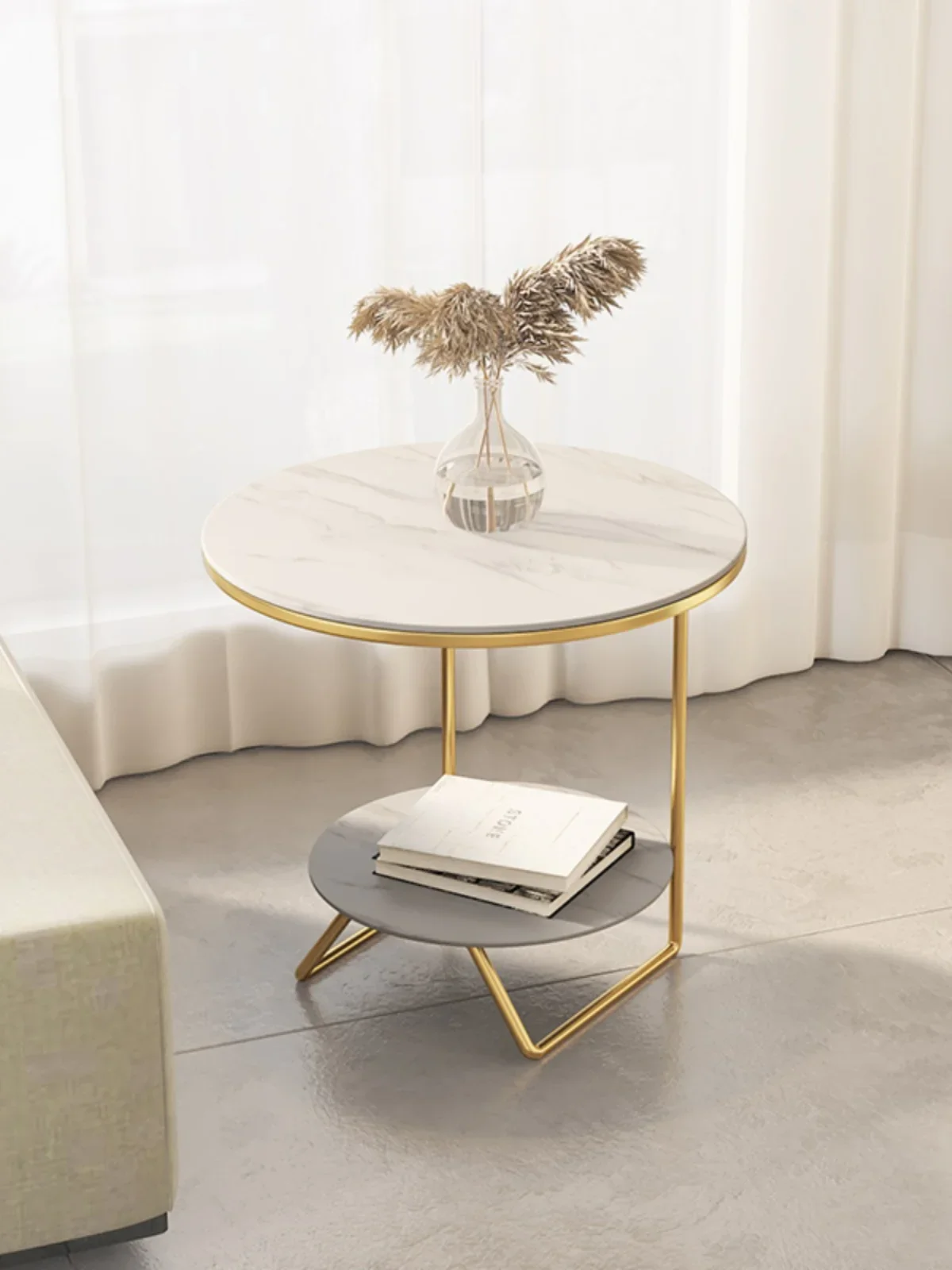 

Customized Nordic light luxury and simple rock panel edge table, indoor living room, home art small round table, double layered