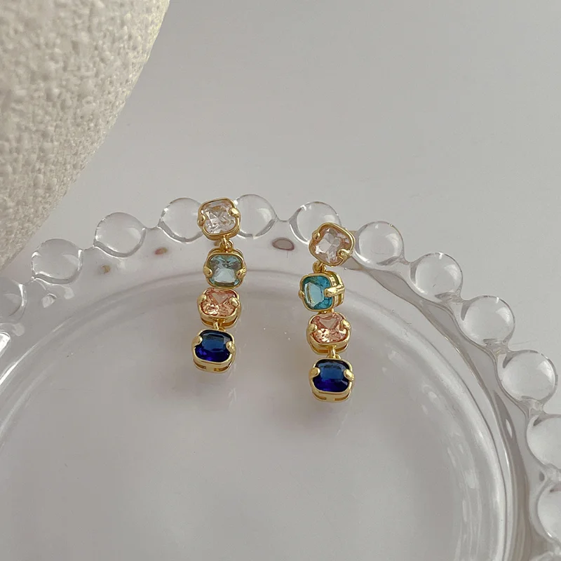 

ALLNEWME Handmade Square Multicolor CZ Cubic Zirconia Rhinestone Dangle Earrings 14K Gold Brass Long Tassel Earring Women 2023