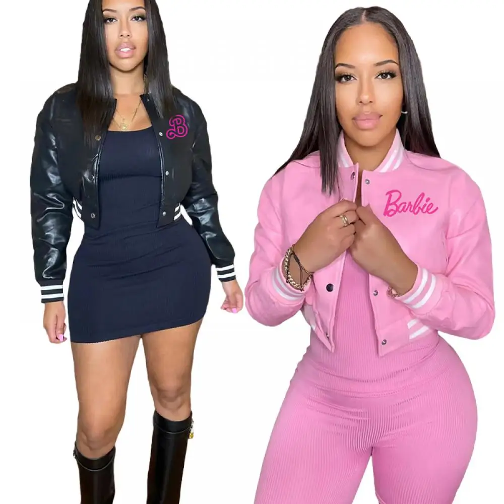 

Новинка, бейсбольная куртка Y2K для девочек Барби на осень и зиму, модная Милая женская универсальная Короткая кожаная куртка на молнии, топы в подарок