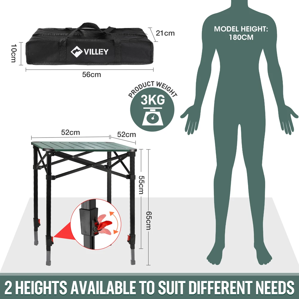 Villey-キャリーバッグ付きアルミニウム折りたたみ式スクエアテーブル、高さ調節、rv、庭、キャンプ、ピクニック、70x70cmの屋外用家具 Villey-キャリーバッグ付きアルミニウム折りたたみ式スクエアテーブル