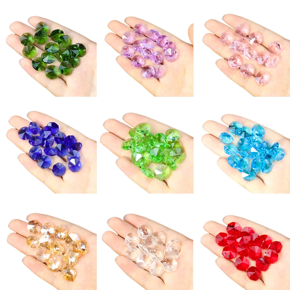 14mm 2 Holes Crystal Octagonal Beads 50PCS Prisms Chandelier Parts Pendant Glass Loose Bead Curtain DIY Jewelry Wedding Decor