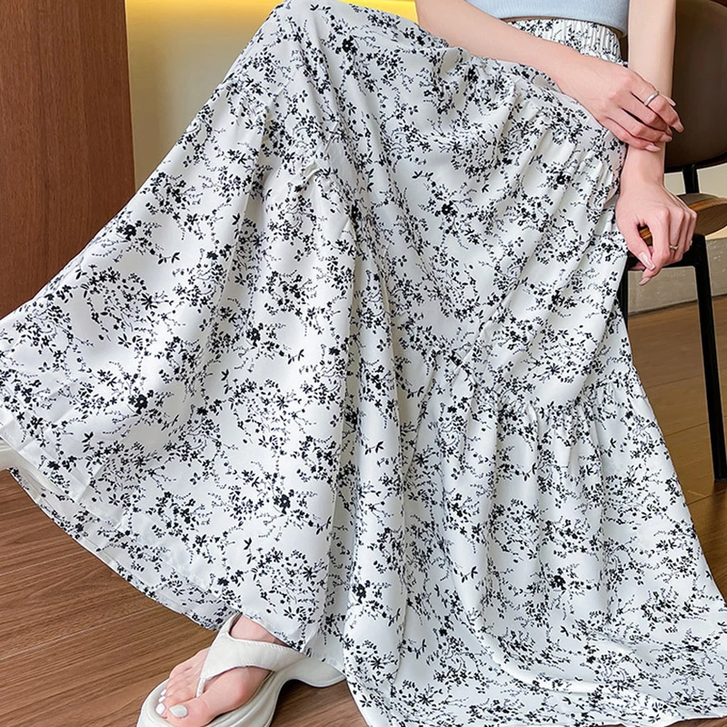 2025 Summer Women's Print Long Skirt Korean Elastic High Waist