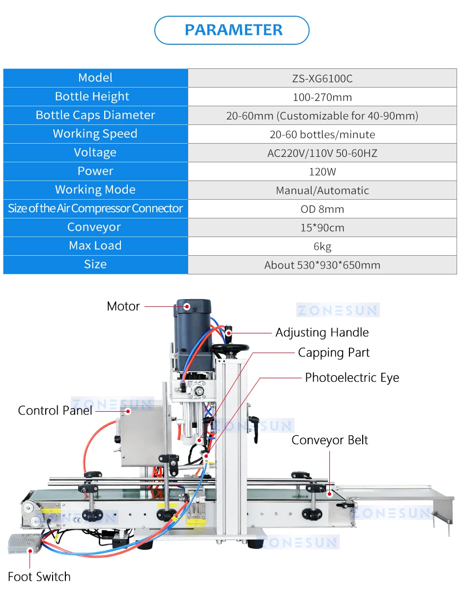 ZONESUN ZS-XG6100C Desktop Automatic Bottle Cap Capping Machine Screw Top Liquid Spray Cap