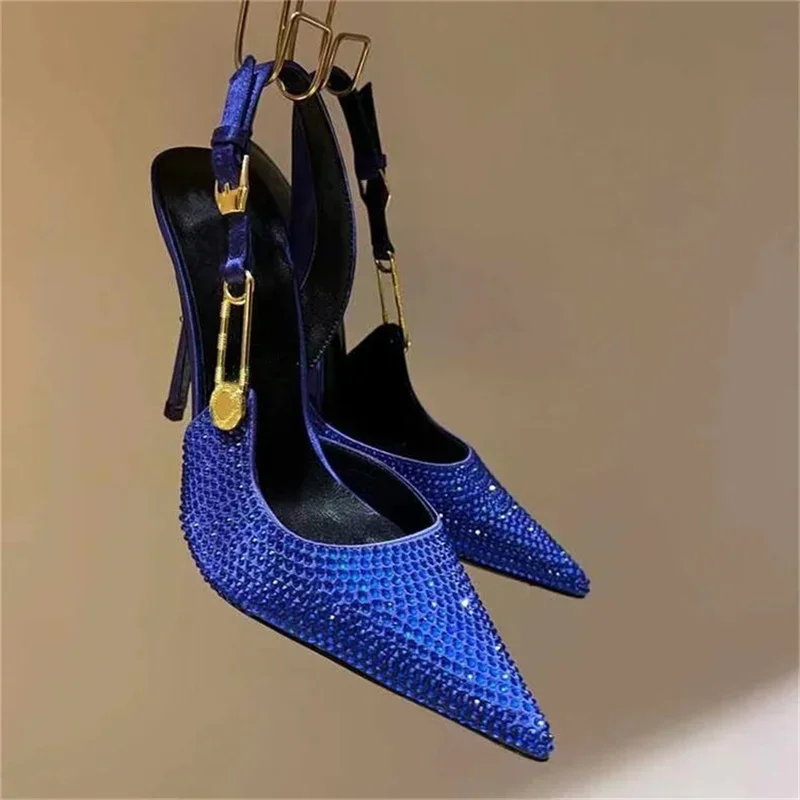 

【ENMAYER】Buckle Hot Diamond Silver Sandals for Women's Wedding Banquet Fashion Closed Toe Rhinestone Slim High Heels Big Size 43