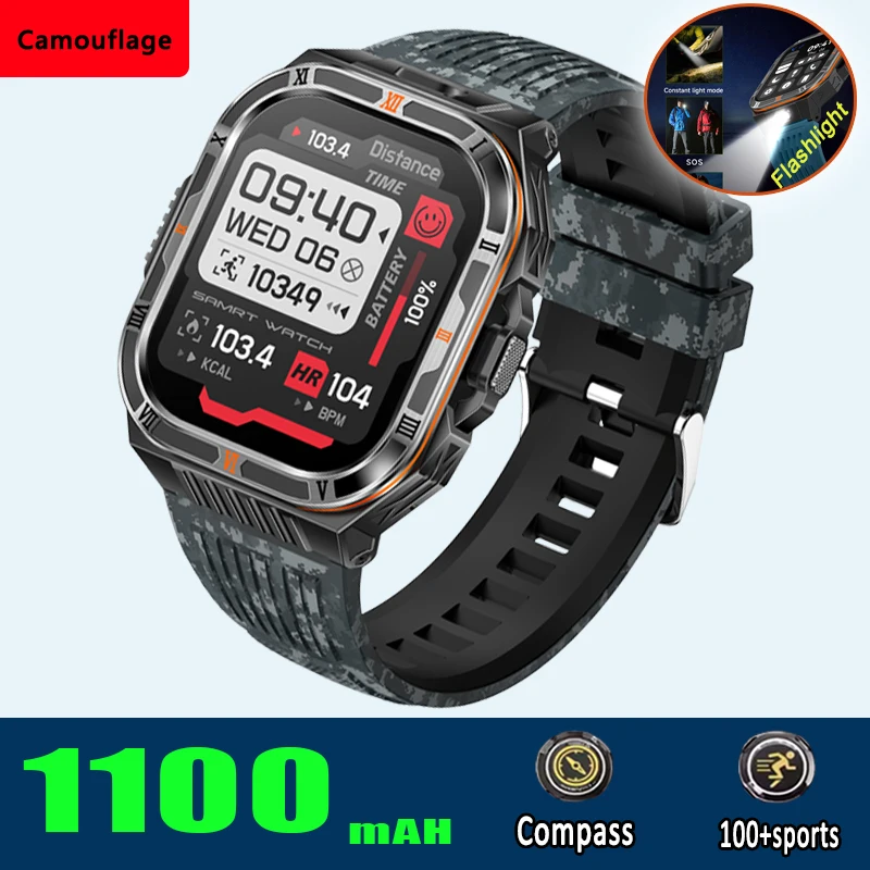 Новий чоловічий розумний годинник з акумулятором 1100 мАг, 2,01-дюймовий AMOLED-дисплей, водонепроникність 3 АТМ, світлодіодний ліхтарик, компас, функції виклику