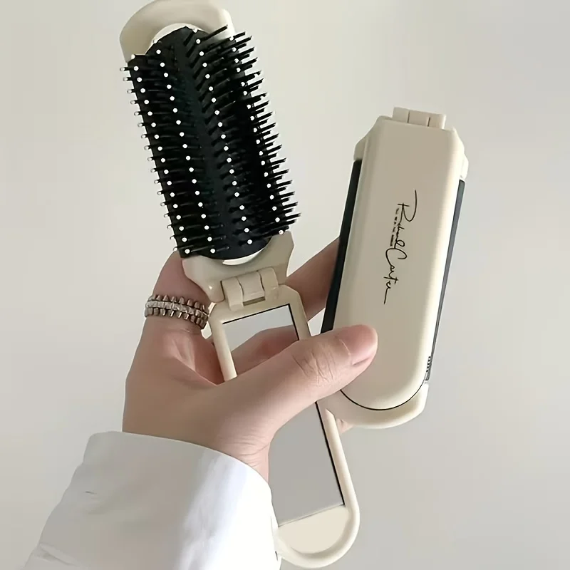 Foldable Comb with Mirror, Anti-Static Air Cushion Design ABS Handle Travel Size Hair Brush for Women All Hair Types
