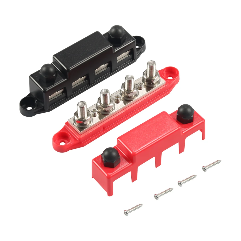 

(Red & Black) 3/8" 4 Stud Bus BAR Power Distribution Block for Marine Battery Terminals, 12v Power and Ground Distribution Block