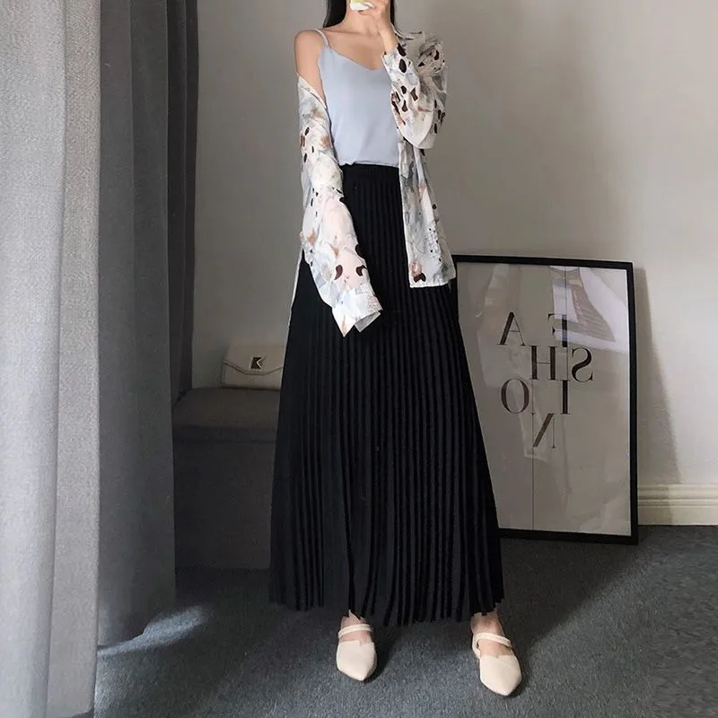 Women Long Pleated Skirts A-line Black Skirt Beach Dress High Waist Loose Vacation Design Solid Evening Dresses Women Clothing