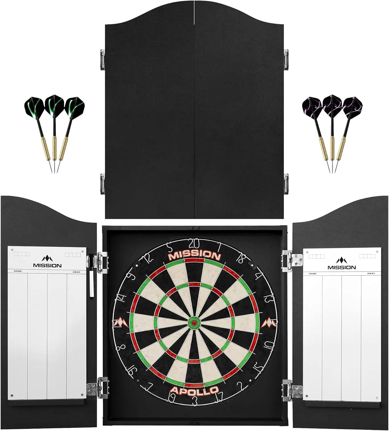 

Mission Darts Home Centre | Complete Darts Package Including Apollo Dartboard with Cabinet, Easy Wipe Score Panels and 2 Sets of