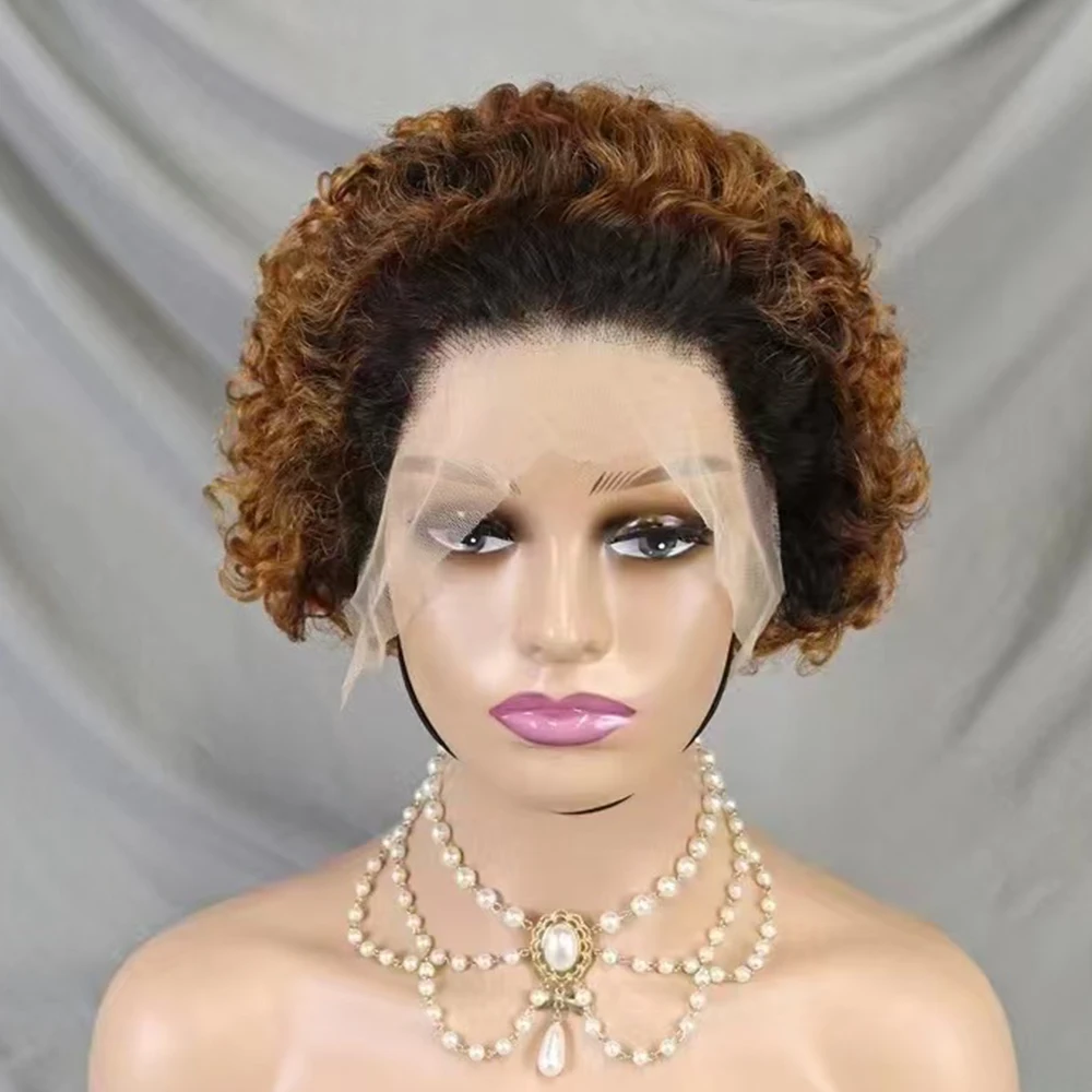 13x4  Lace Short Bouncy Kinky Curly Pixie Cut 100% Human Hair Wig 180 Density Transparent Lace Frontal Hair Wig for Black Women