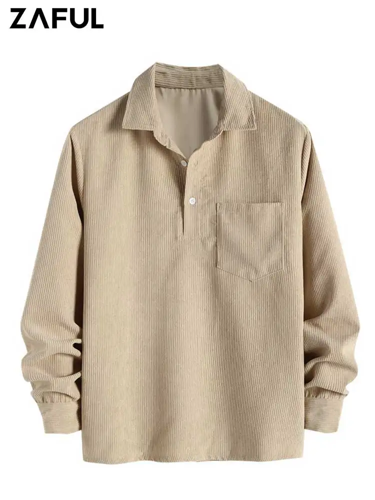 ZAFUL Corduroy Men's Shirts Solid Half Button Turndown Collar Long Sleeves Shirt Fall Spring Streetwear Overshirt Tops Z5075686