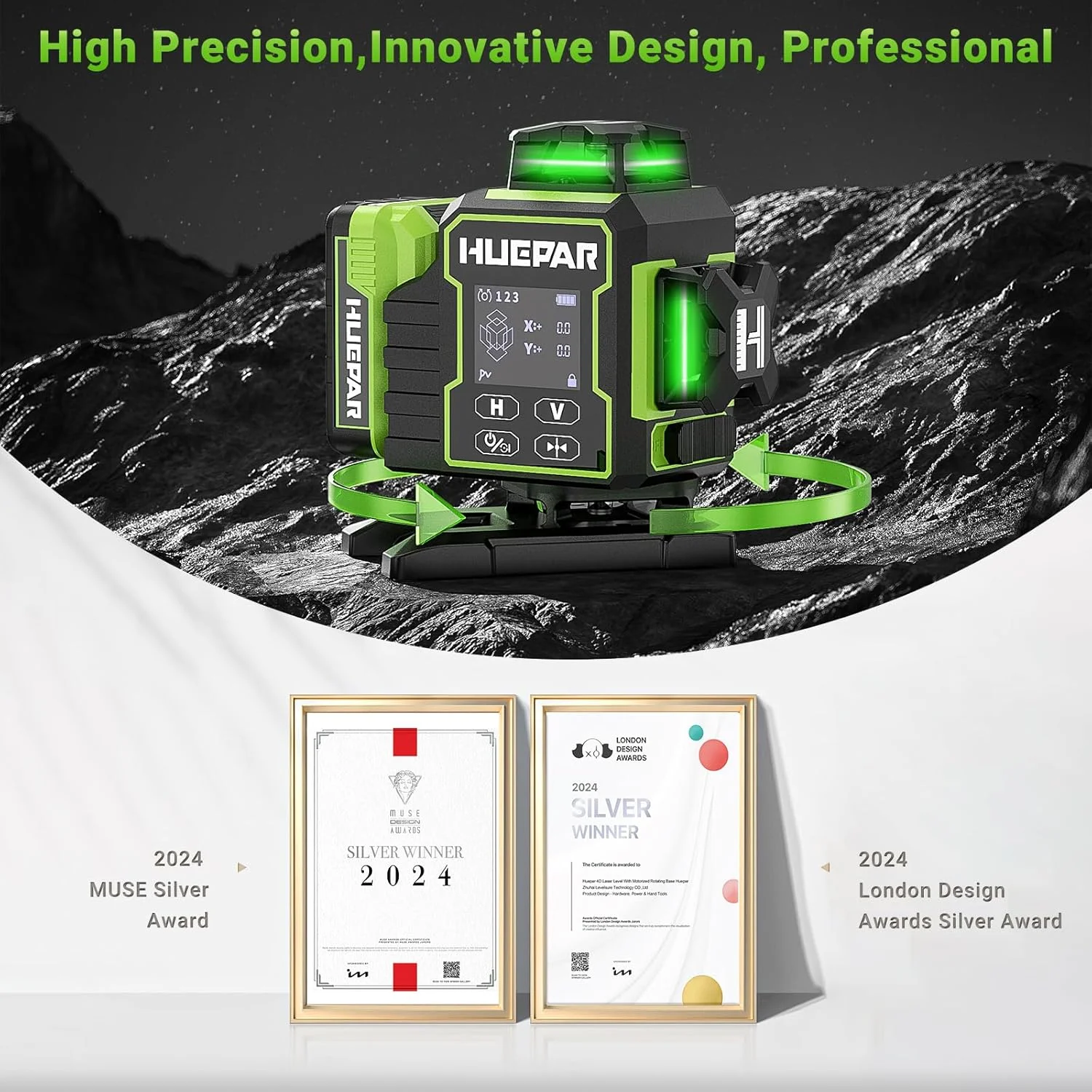 Niveau Laser Huepar W04CG 4D Vert - Auto-nivellement + Batterie Supplémentaire - Électrique Rotatif