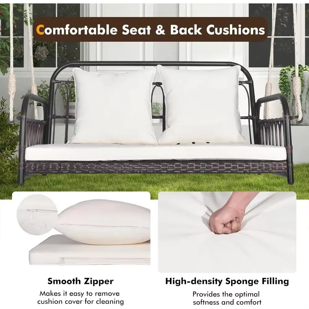 Wicker Porch Swing, 2-Person Outdoor Patio Hanging Chair with Cushions, Metal Frame, Hanging Swing Bench with Ropes 5