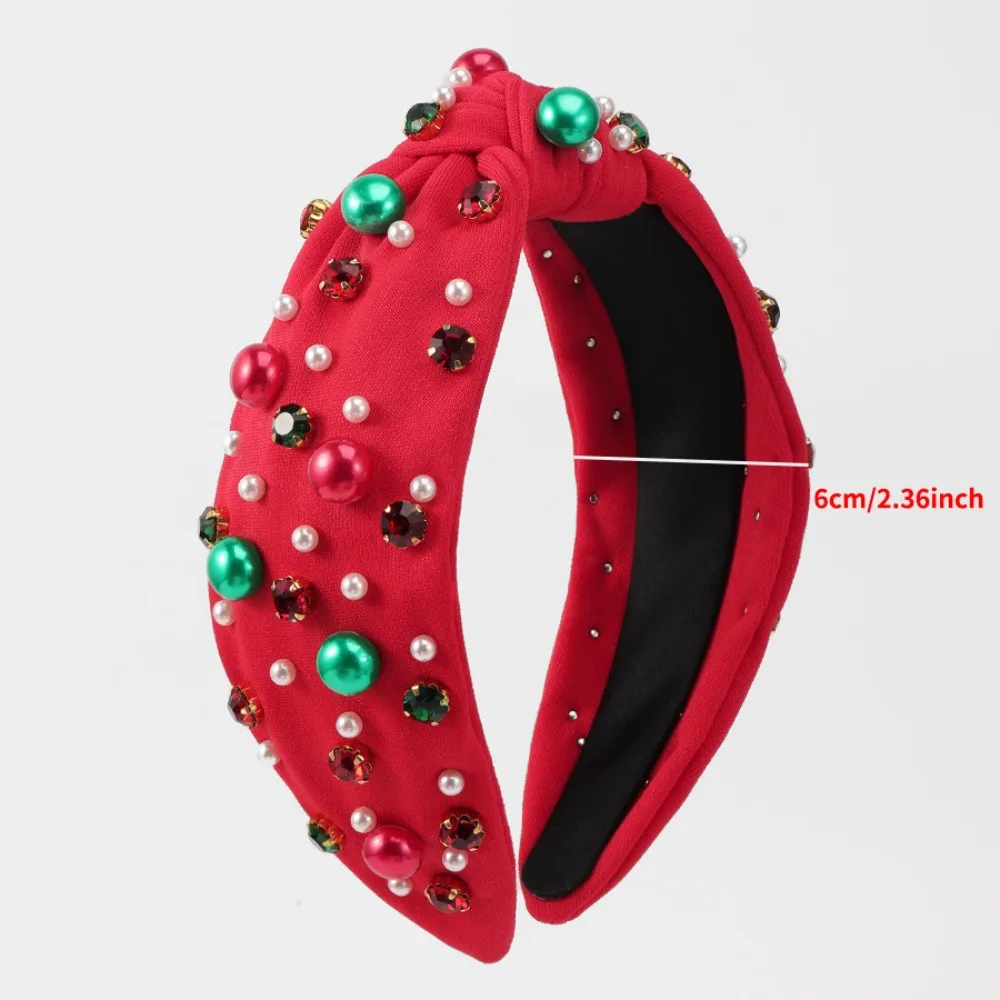 Wide Edge Christmas Hairband Fashion Headwear Rhinestone Knot Headband Red Green Hair Jewelry Crystal Beads Hair Band Holiday