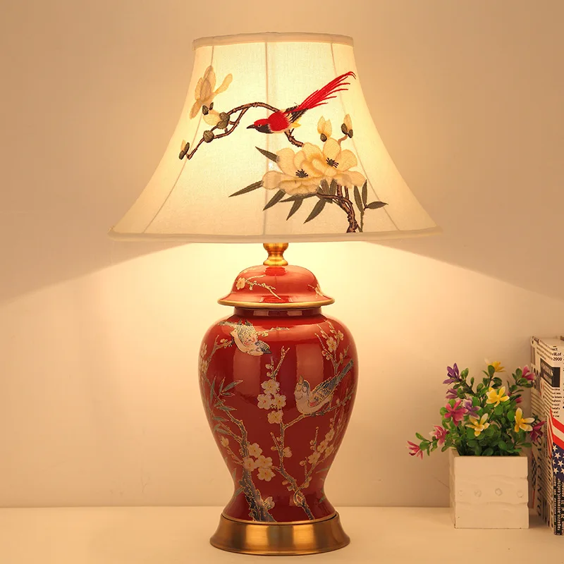 

Festive Hand Embroidery Magpie Lampshade Magpie And Flower Ceramic Table Lamps For Living Room Bed Room For Marriage Home Decor