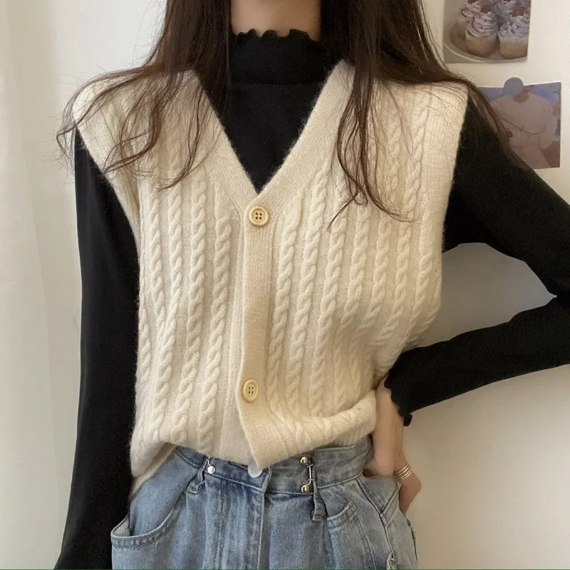 

Spring Autumn 2024 Latest Knitwear Korean V-neck Knitted Waistcoat Women Solid Color Sweater Vest Single-breasted Knitting Shirt