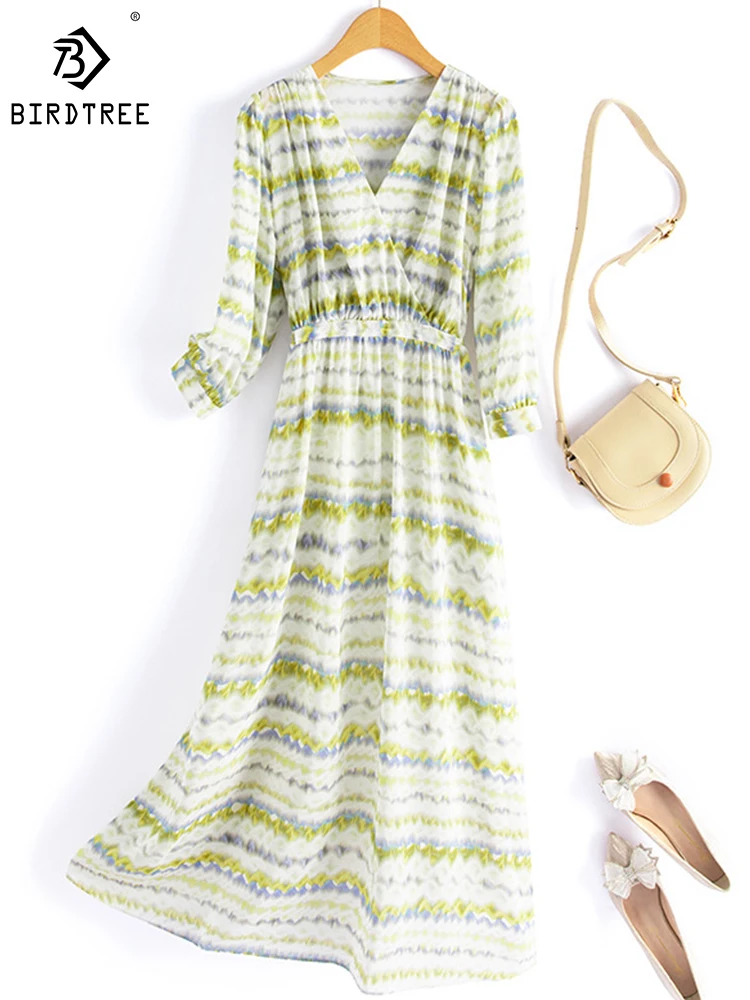 

Birdtree/элегантное платье из 100% натурального шелка с v-образным вырезом и короткими рукавами во французском стиле; Летние платья трапециевидной формы с принтом в полоску; D41314QD