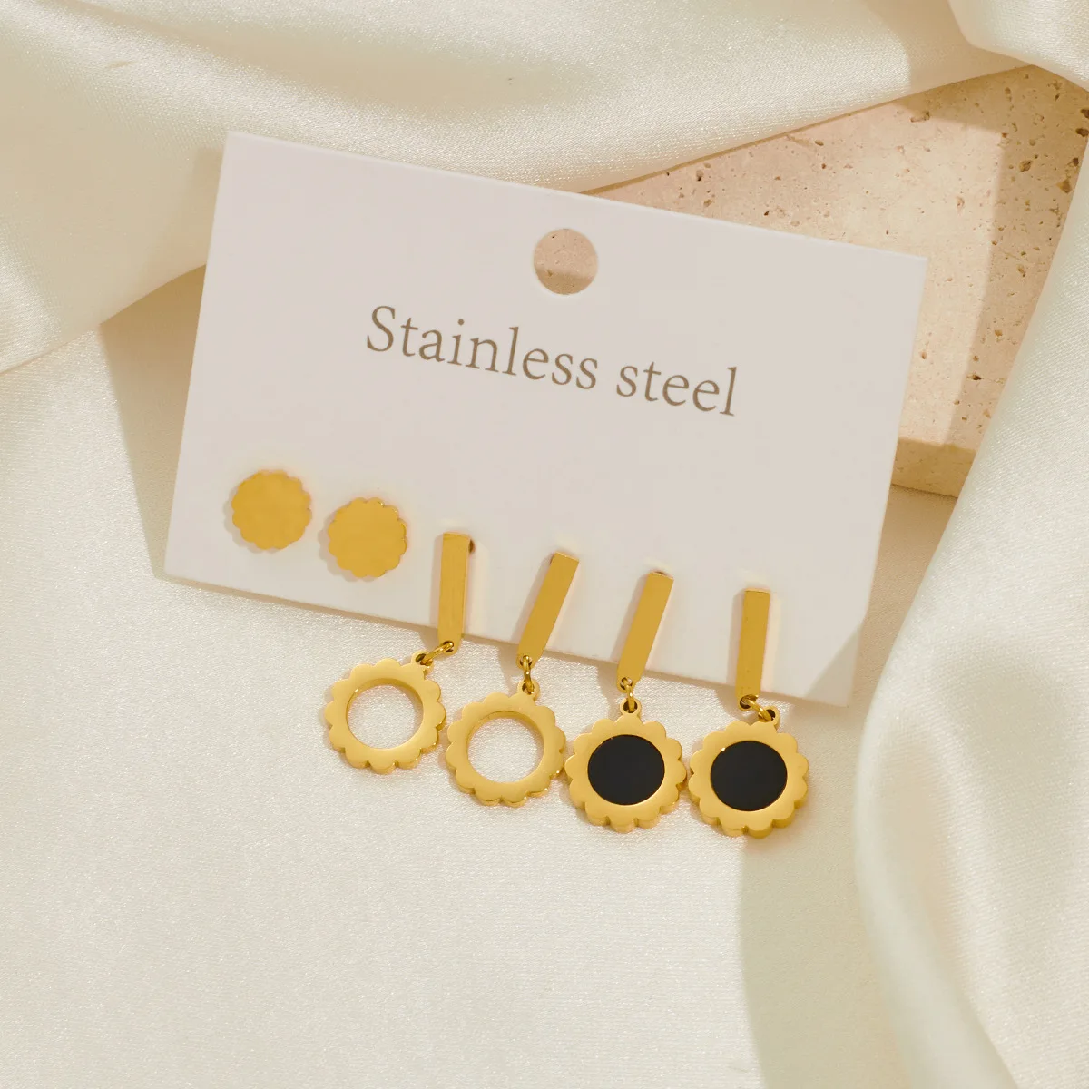 Trendy Stainless Steel Flower Earrings Jewelry 3 Set 18K Gold Plated Party Earrings For Women Girls 3