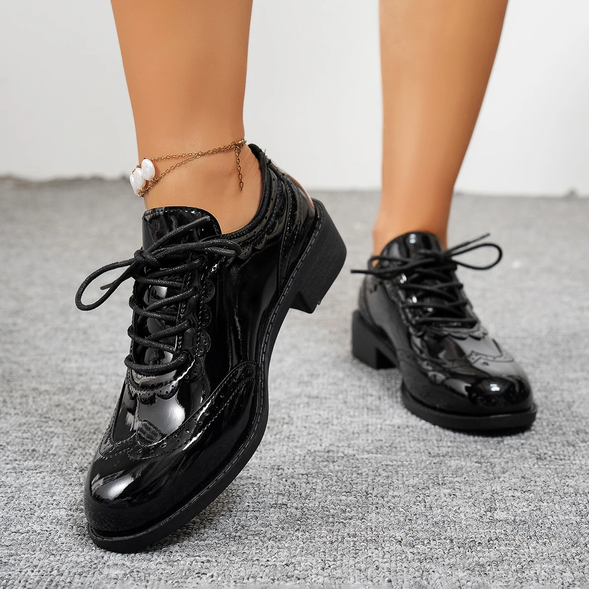 Aphixta New 3.5cm Pointed Toe Patent Leather Shoes Women Loafers Wine Red Square Heels Shoes For Woman Student Footwear