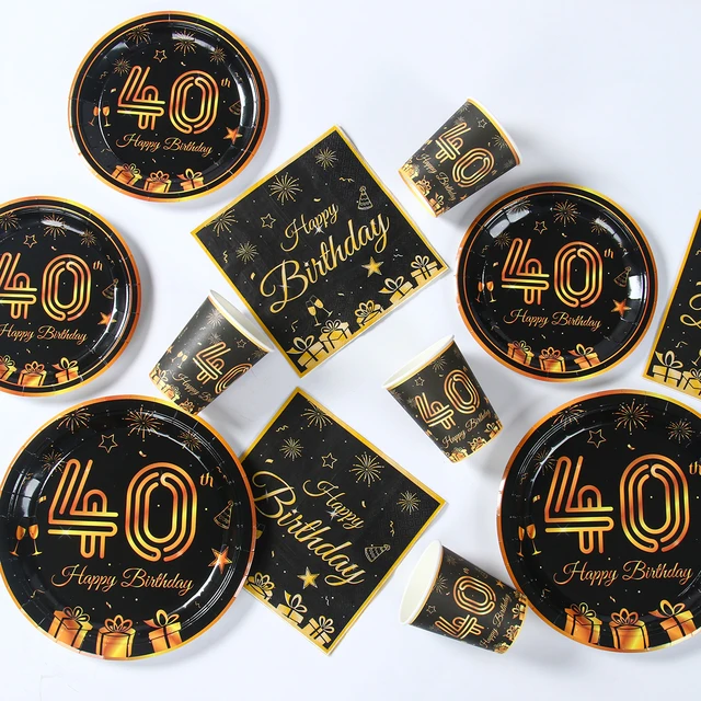 Décorations de fête du 40e anniversaire pour adultes, tasse, assiette,  serviette en papier, noir et or, poulet britannique, décor de fête, hommes  et femmes, 40 ans - AliExpress